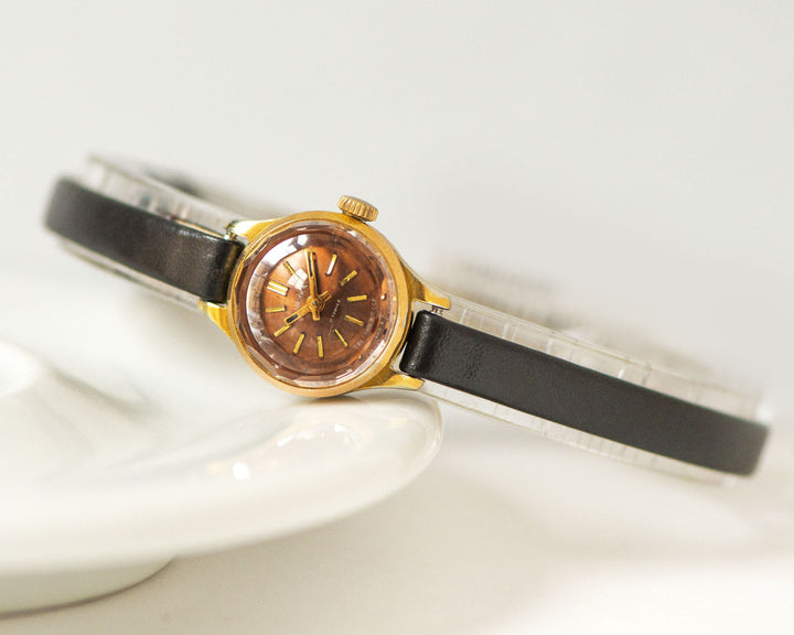 Vintage watch for women brown dial jewelry, gold plated lady watch Seagull, micro watch angular cover women gift, new premium leather strap