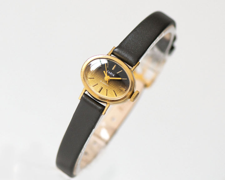 Rare women's watch brown faded oval Dawn, vintage lady wristwatch gold plated, minimalist watch women jewelry gift, new genuine leather band