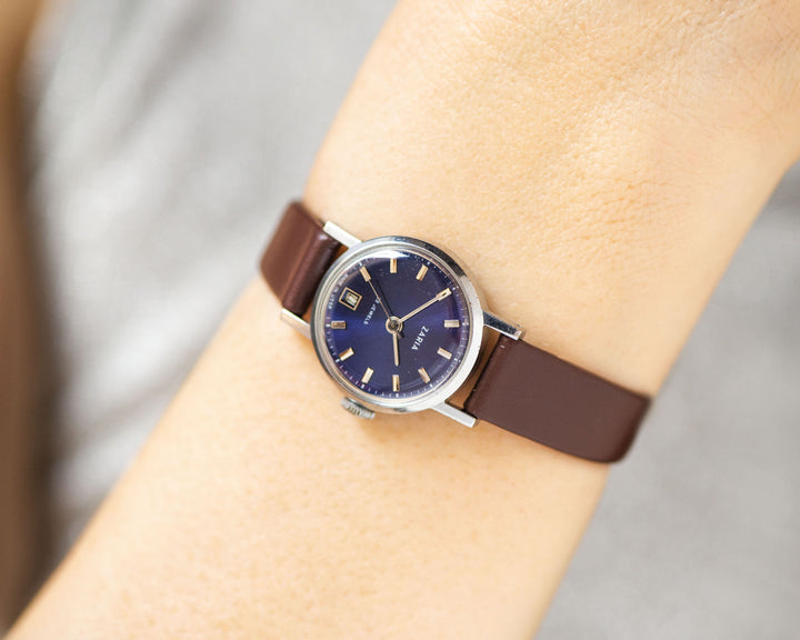 Navy blue dial women watch Dawn, classic women's watch vintage silver shade gift, minimalist watch date window, new luxury leather strap