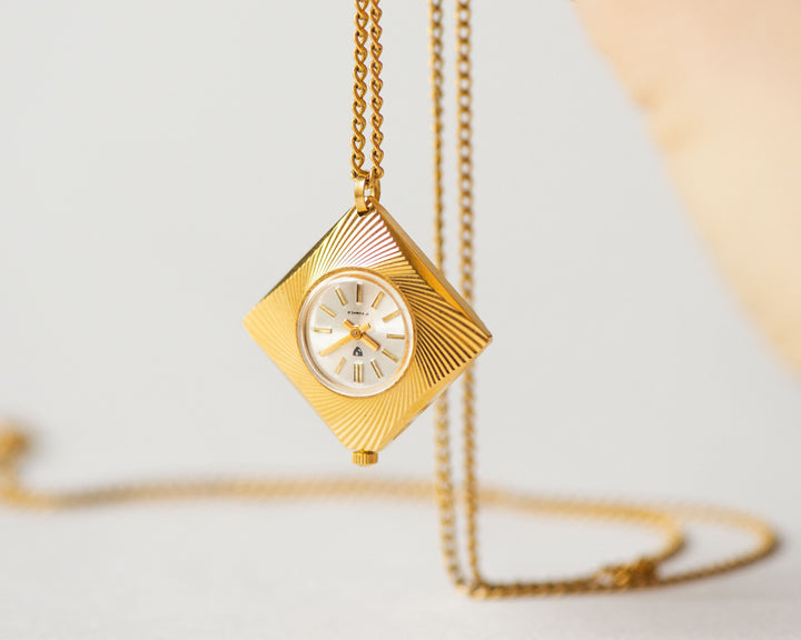 Rhombus watch necklace for women vintage, gold plated pendant Seagull, sunburst case watch limited edition, geometric watch necklace jewelry