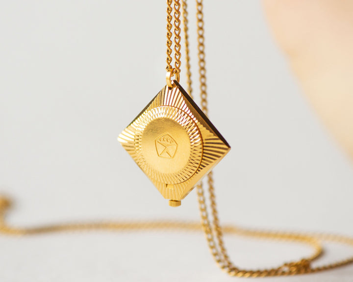 Rhombus watch necklace for women vintage, gold plated pendant Seagull, sunburst case watch limited edition, geometric watch necklace jewelry