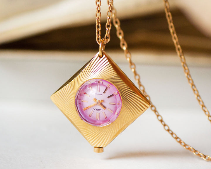 Women's watch pendant unused vintage Seagull gift, NOS watch necklace for lady geometric sunburst case, rare pink angular cover rhombus case