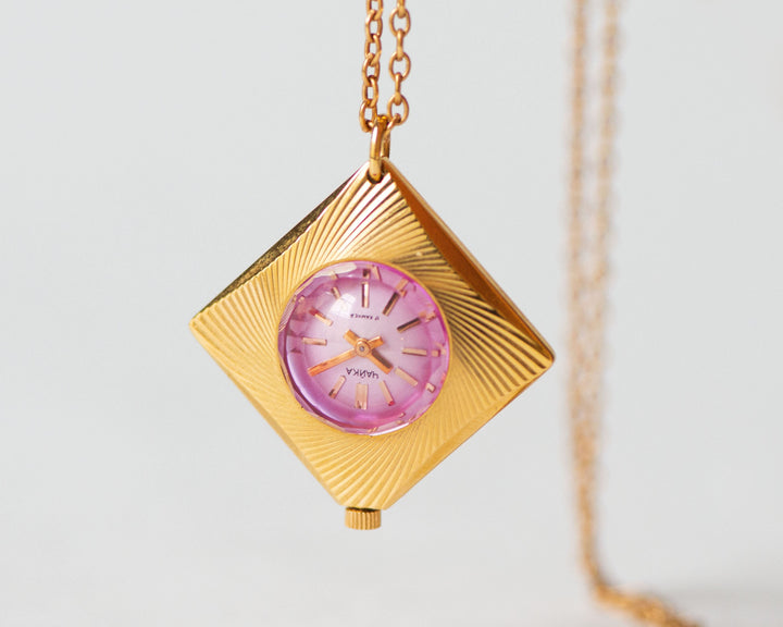 Women's watch pendant unused vintage Seagull gift, NOS watch necklace for lady geometric sunburst case, rare pink angular cover rhombus case