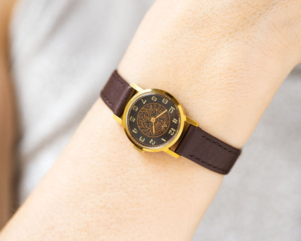 Black floral women's watch gold shade Ray, vintage lady watch boho jewelry gift, women wristwatch unusual dial, new genuine leather strap