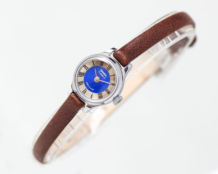 Mint condition women wristwatch navy blue dial Seagull, Roman numerals micro watch for women silver shade vintage, new genuine leather band