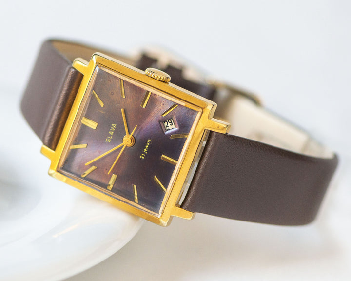 Square unisex watch chocolate brown Glory, gold plated watch for women, tomboy watch, boyfriend watch minimalist, new luxury leather strap