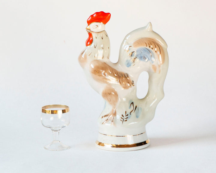 Vintage Rooster Porcelain Decanter Liqueur Barware, Easter Kitchen Rooster Drinkware Vintage Farmhouse Decor, Slavic Porcelain Pitcher Jug