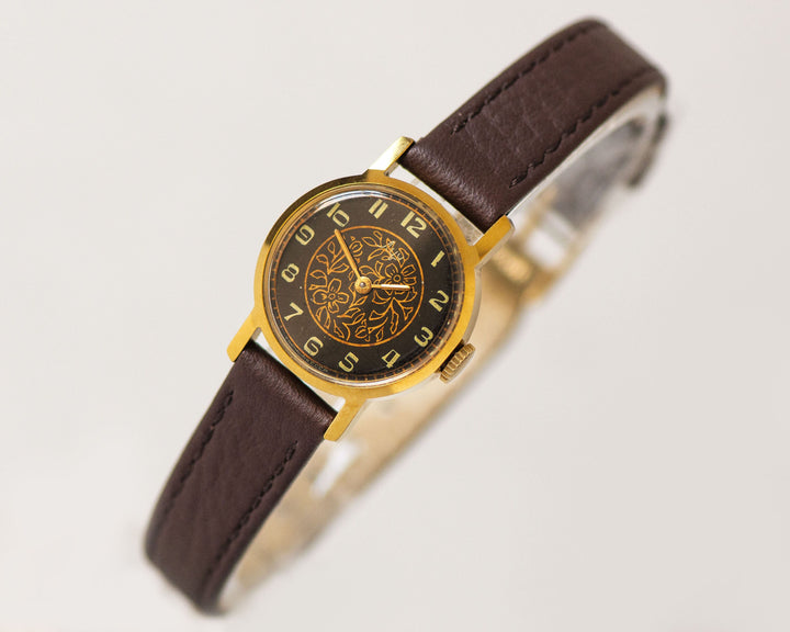 Black floral women's watch gold shade Ray, vintage lady watch boho jewelry gift, women wristwatch unusual dial, new genuine leather strap