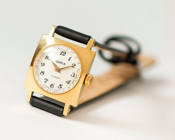 Square small watch for women Seagull, gold plated simple watch for lady, minimalist watch Arabic numerals dial, new genuine leather strap