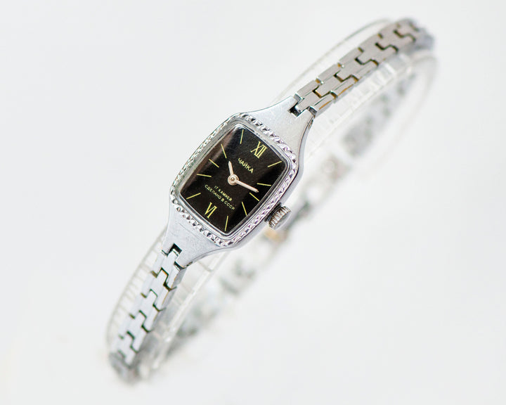 Black rectangular cocktail watch tiny bracelet silver shade Seagull, evening watch Roman numerals dial, watch jewelry for women classic gift