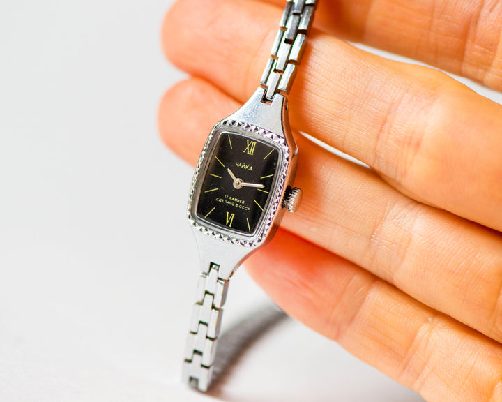 Black rectangular cocktail watch tiny bracelet silver shade Seagull, evening watch Roman numerals dial, watch jewelry for women classic gift