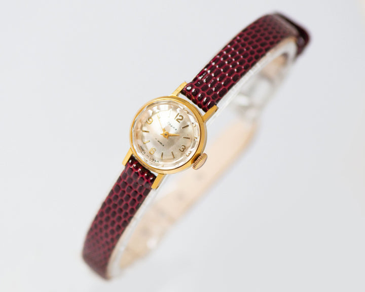 Women wristwatch gold plated Seagull vintage, chic watch feminine jewelry gift, micro watch angular cover rare, new genuine leather strap