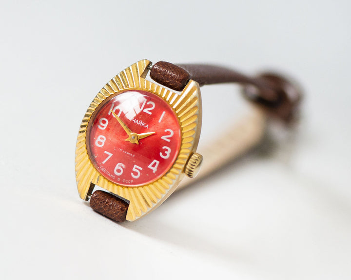 Sunburst case women watch red gold plated, women wristwatch limited edition Seagull, vintage rare design watch tiny gift, new leather strap