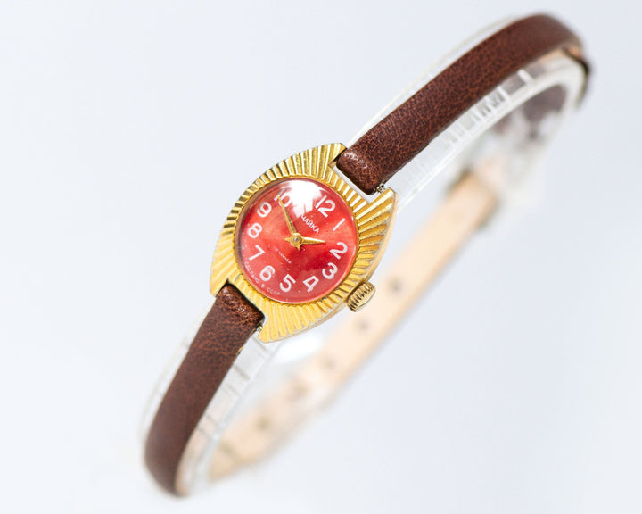 Sunburst case women watch red gold plated, women wristwatch limited edition Seagull, vintage rare design watch tiny gift, new leather strap