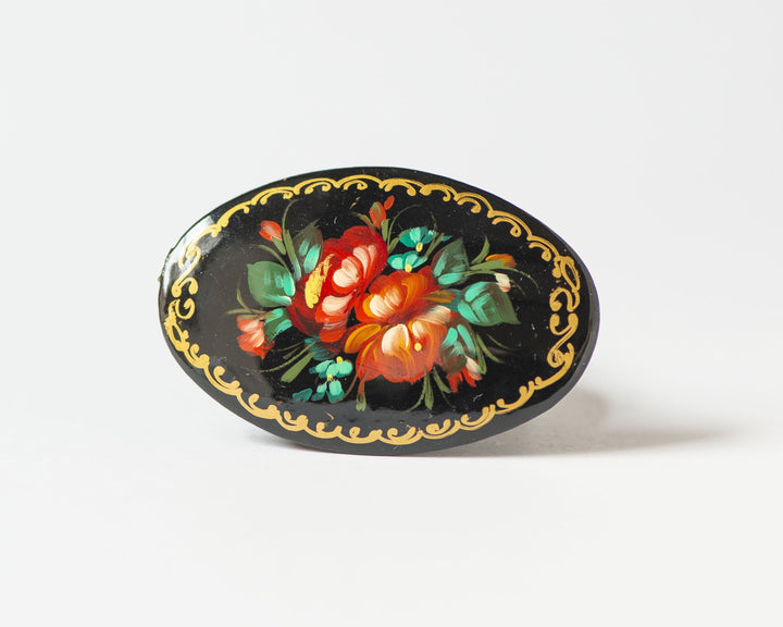 Lacquer brooch Russian hand painted, flowers wooden black brooch, red blue blossom brooch oval, traditional Russian brooch bouquet gift her