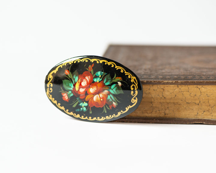 Lacquer brooch Russian hand painted, flowers wooden black brooch, red blue blossom brooch oval, traditional Russian brooch bouquet gift her