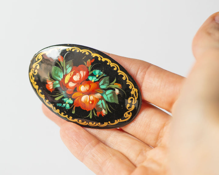 Lacquer brooch Russian hand painted, flowers wooden black brooch, red blue blossom brooch oval, traditional Russian brooch bouquet gift her