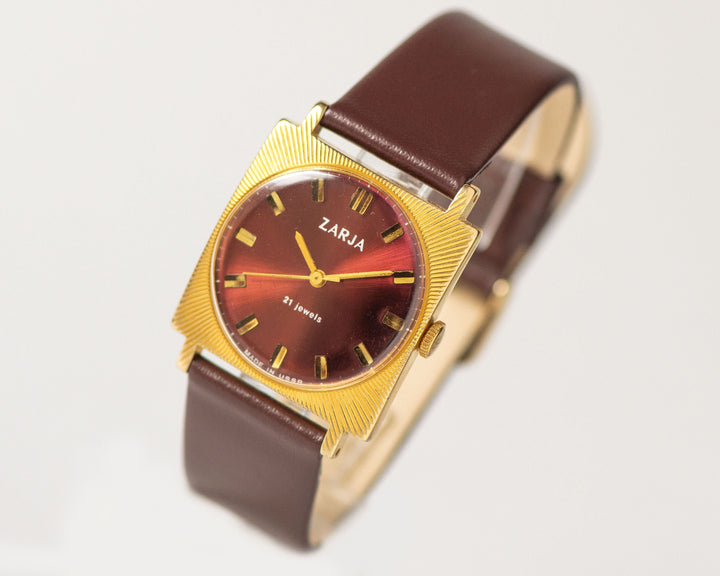 Unisex watch square Dawn, gold plated tomboy watch gift, vintage boyfriend watch sunburst, oversized women watch, new luxury leather strap