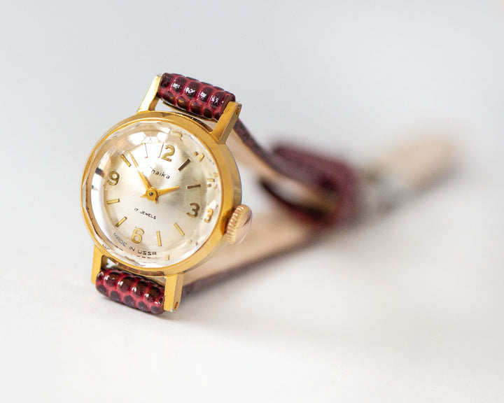 Women wristwatch gold plated Seagull vintage, chic watch feminine jewelry gift, micro watch angular cover rare, new genuine leather strap