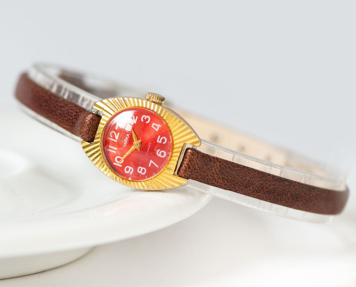 Sunburst case women watch red gold plated, women wristwatch limited edition Seagull, vintage rare design watch tiny gift, new leather strap