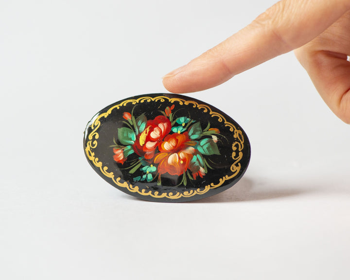 Lacquer brooch Russian hand painted, flowers wooden black brooch, red blue blossom brooch oval, traditional Russian brooch bouquet gift her