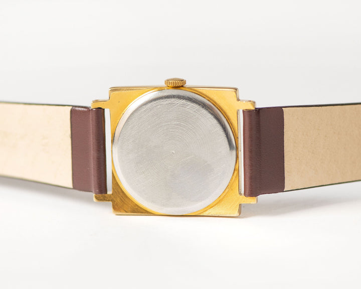 Unisex watch square Dawn, gold plated tomboy watch gift, vintage boyfriend watch sunburst, oversized women watch, new luxury leather strap