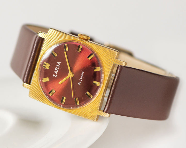 Unisex watch square Dawn, gold plated tomboy watch gift, vintage boyfriend watch sunburst, oversized women watch, new luxury leather strap