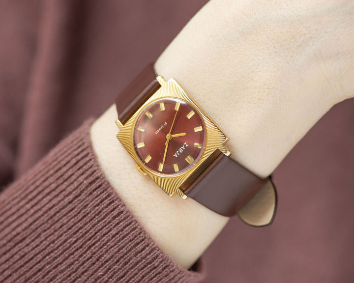 Unisex watch square Dawn, gold plated tomboy watch gift, vintage boyfriend watch sunburst, oversized women watch, new luxury leather strap