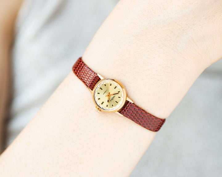 Yellow dial women watch micro size Seagull, gold plated lady watch jewelry vintage, wristwatch classic lady gift, new genuine leather band