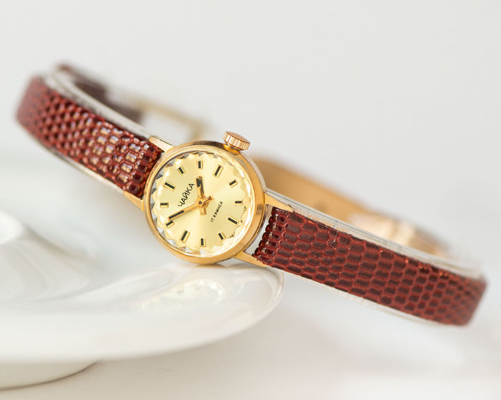 Yellow dial women watch micro size Seagull, gold plated lady watch jewelry vintage, wristwatch classic lady gift, new genuine leather band