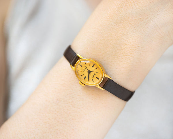 Oval women wristwatch gold plated Dawn, women's watch minimalist, classic wristwatch lady jewelry yellow dial gift premium leather strap new