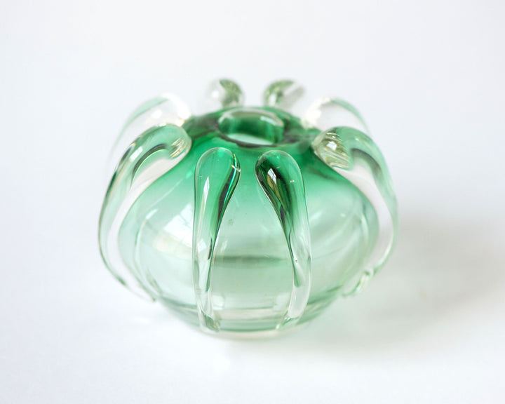 Vintage hand-blown glass vase candleholder chunky, green shades glass round vase home decor, 70s heavy glass vase candleholder gift