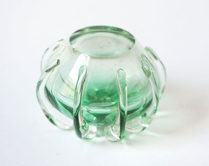 Vintage hand-blown glass vase candleholder chunky, green shades glass round vase home decor, 70s heavy glass vase candleholder gift