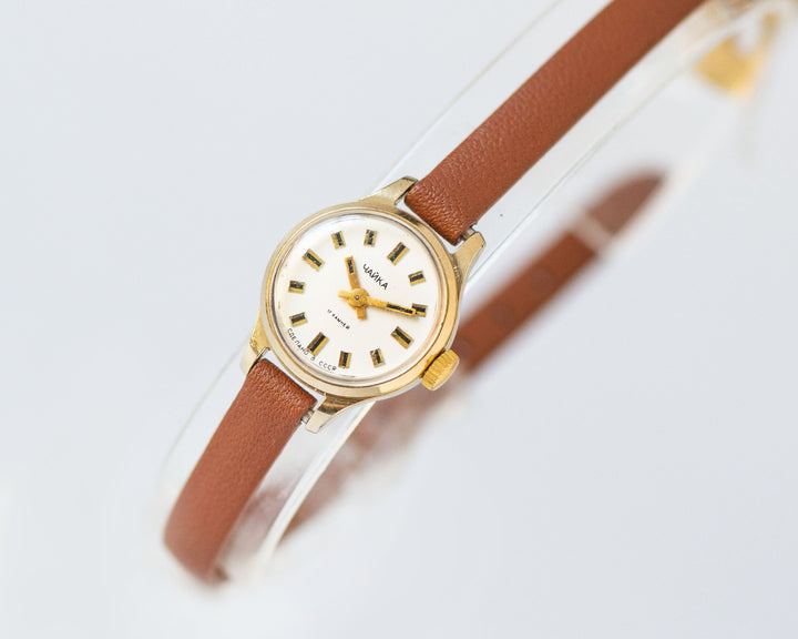 Rare micro watch for women gold plated jewelry Seagull, classic women wristwatch vintage, delicate lady watch gift, new premium leather band