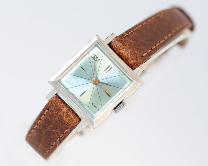 Limited edition women's watch unused Dawn vintage, square wristwatch for women silver shade, blue dial watch gift, new premium leather strap