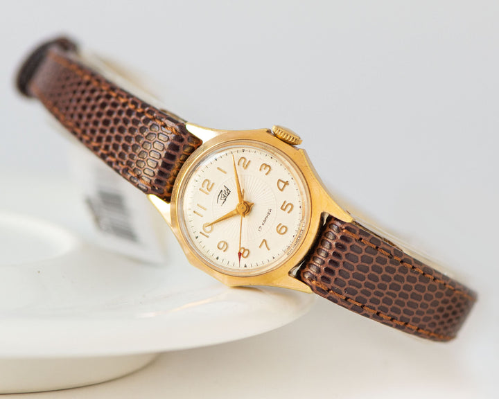 Limited edition watch for women gold plated Dawn, retro lady wristwatch sunburst dial, classic girl watch gift, new premium leather band