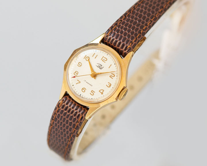 Limited edition watch for women gold plated Dawn, retro lady wristwatch sunburst dial, classic girl watch gift, new premium leather band