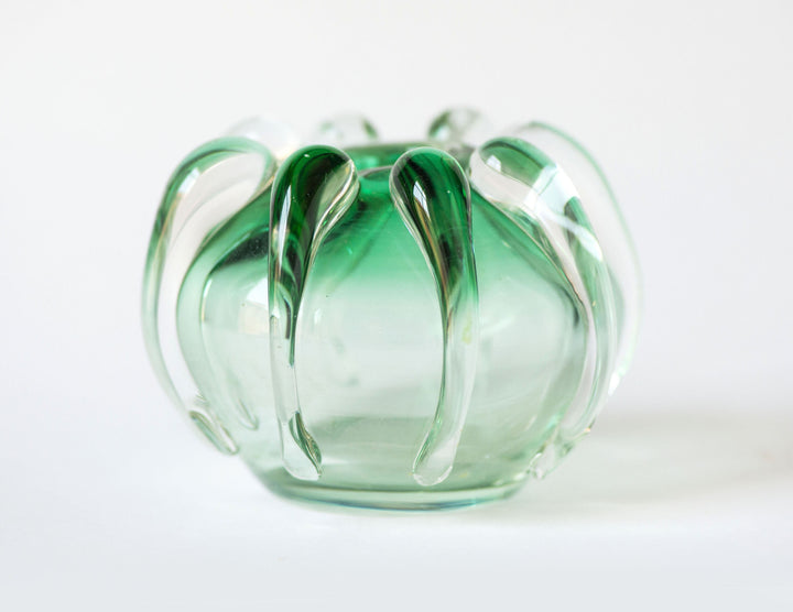 Vintage hand-blown glass vase candleholder chunky, green shades glass round vase home decor, 70s heavy glass vase candleholder gift