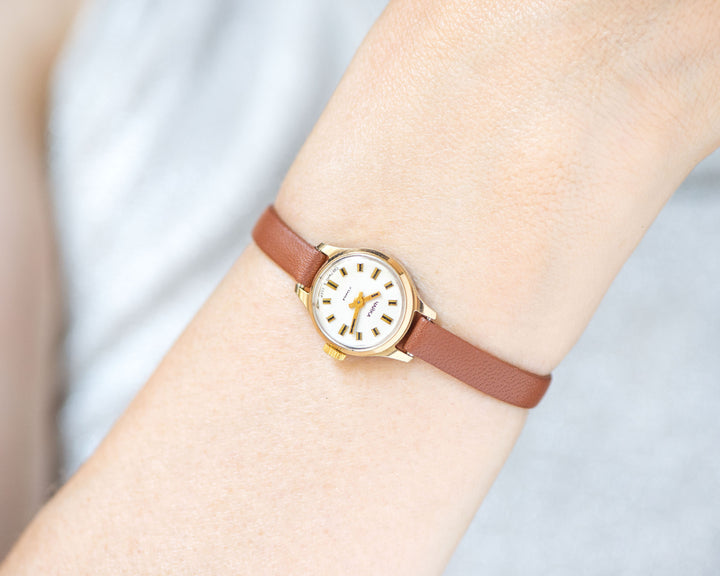 Rare micro watch for women gold plated jewelry Seagull, classic women wristwatch vintage, delicate lady watch gift, new premium leather band