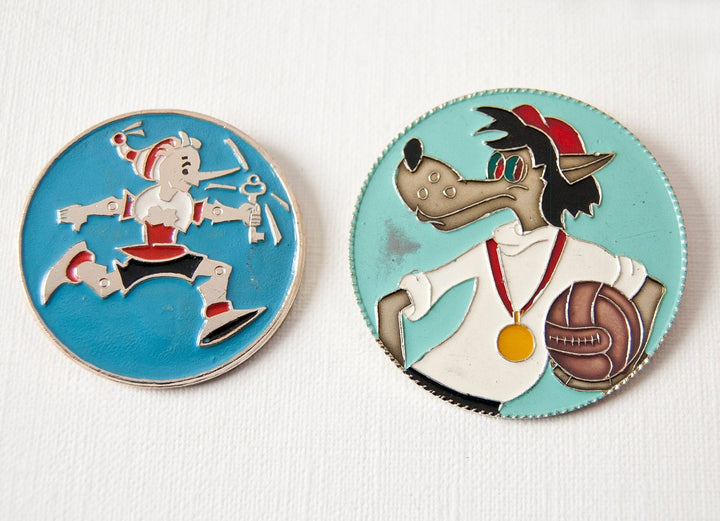 Buratino Pinocchio and Wolf pins, Soviet cartoons badges, blue turquoise pins, lapel pings, 70s fashion USSR kids fun