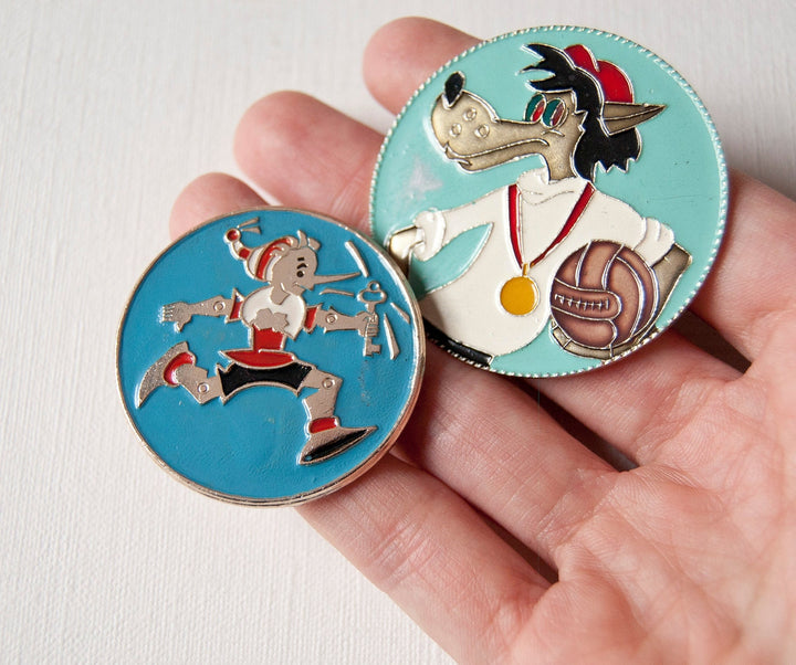 Buratino Pinocchio and Wolf pins, Soviet cartoons badges, blue turquoise pins, lapel pings, 70s fashion USSR kids fun