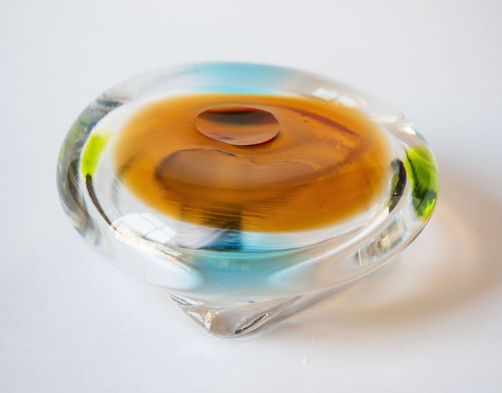 Hand-blown transparent glass ashtray vintage, 3 slot cigarette ashtray sandy blue shades glass bowl, retro home barware 60s heavy vase gift