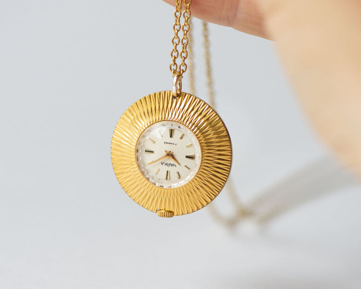 Gold plated lady's watch pendant round sunburst case, necklace women's watch Seagull vintage, lady watch pendant rare design jewelry gift