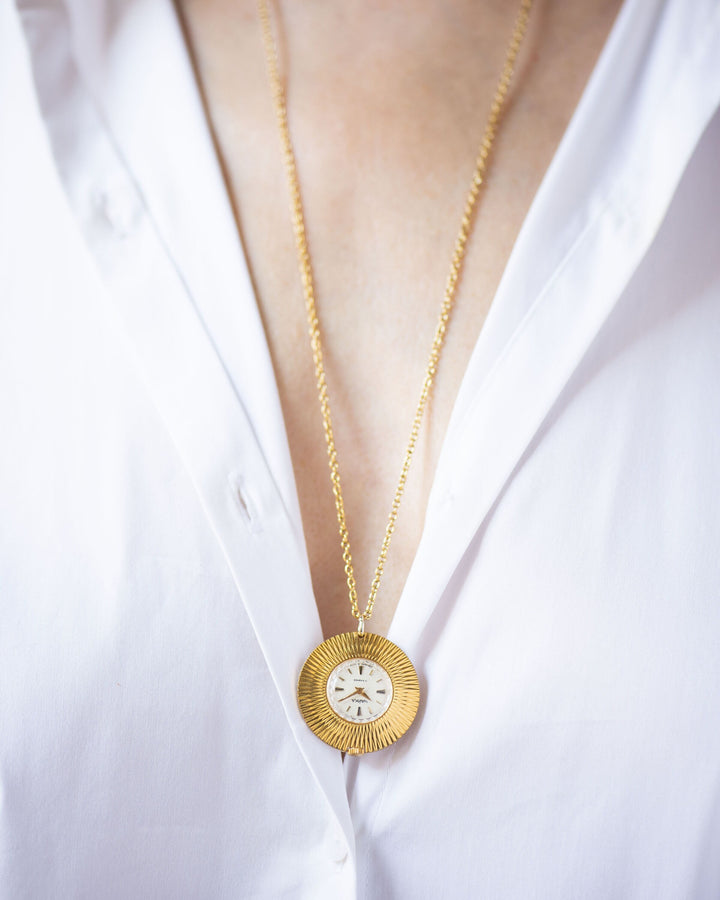 Gold plated lady's watch pendant round sunburst case, necklace women's watch Seagull vintage, lady watch pendant rare design jewelry gift