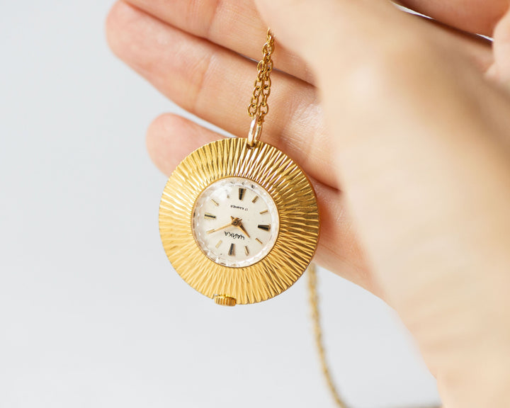 Gold plated lady's watch pendant round sunburst case, necklace women's watch Seagull vintage, lady watch pendant rare design jewelry gift