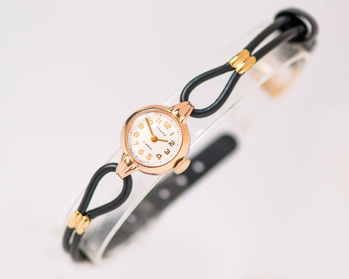 Luxury women watch jewelry solid gold 14K, vintage lady watch Seagull classic design timepiece delicate, tiny watch new genuine leather band