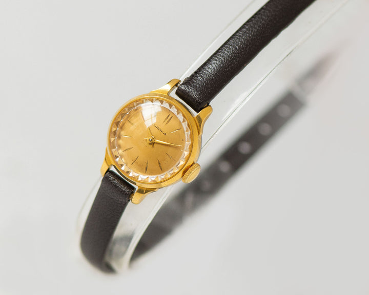 Elegant women wristwatch gold plated Seagull, retro wristwatch feminine jewelry gift, micro watch rare minimalist, new premium leather strap