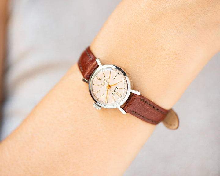 Luxury womens watch vintage Dawn, classic girl wristwatch silver shade unique, women retro wristwatch jewelry gift, new premium leather band