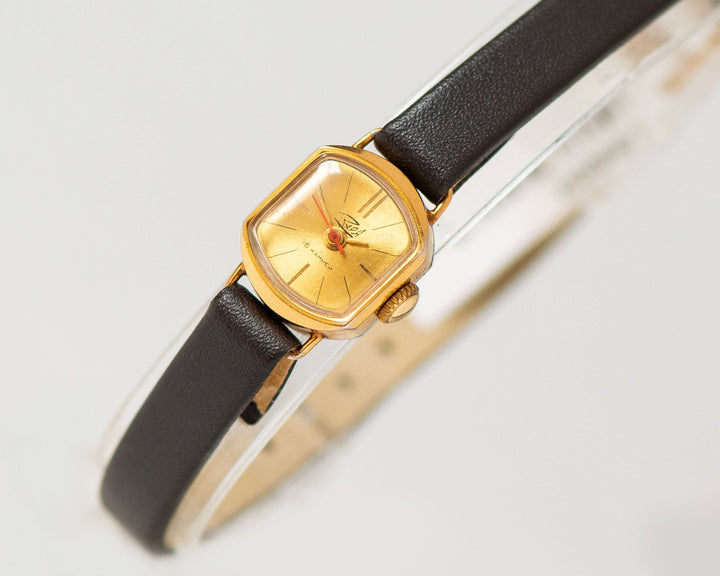 Yellow dial woman watch Dawn vintage, tiny gold plated lady wristwatch jewelry gift, minimalist watch for women, new genuine leather strap