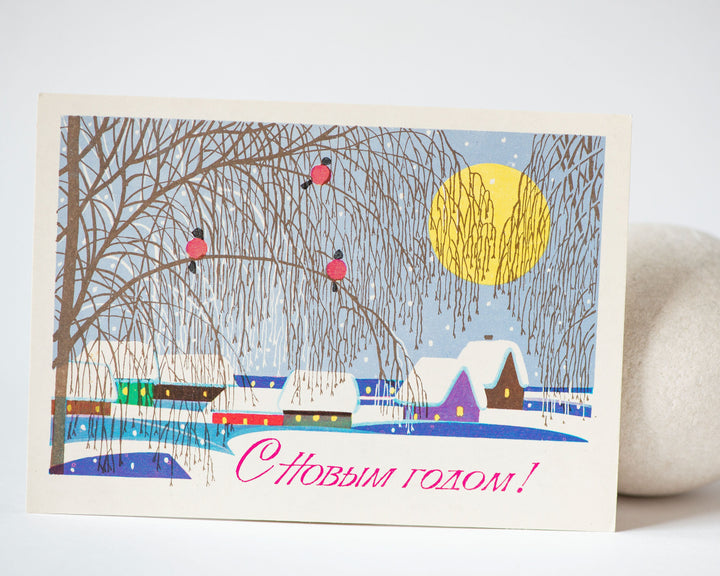 New Year's greetings postcard in Russian winter village birds 1985, greetings winter Holidays blank postcard celebrate snow Christmas tree